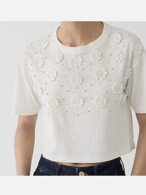J. Crew Cropped T-shirt with Crochet Floral Appliqués Classic White Top Large